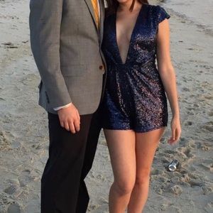 Blue Deep V-Neck Sequin Dress